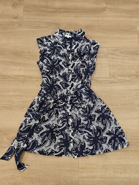 Current Air Navy and White Sleeveless Printed Shirt Dress with Tie
